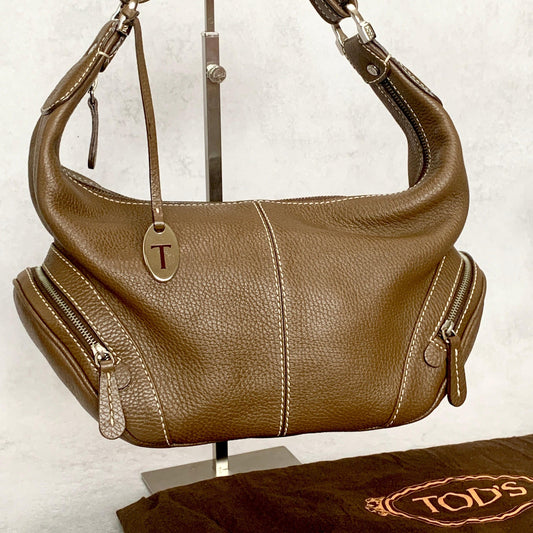 TOD'S Bag Logo Hand Tote Purse Leather Brown Silver Used Women's Authentic