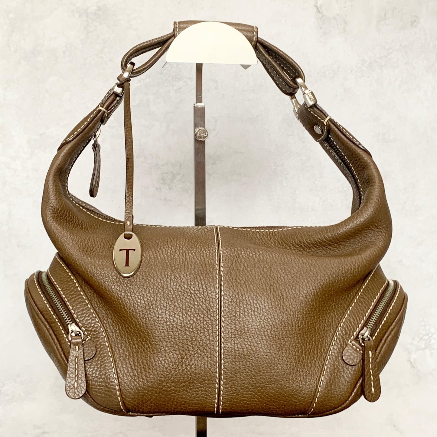 TOD'S Bag Logo Hand Tote Purse Leather Brown Silver Used Women's Authentic