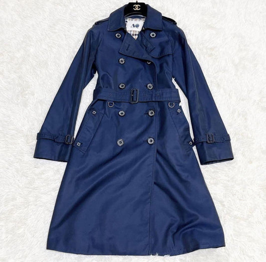 Aquascutum Trench Coat Club Check Asian fit S US size XS Navy Authentic