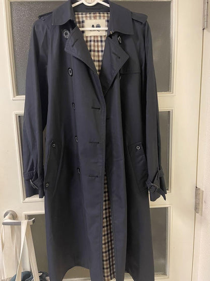 Aquascutum Trench Coat Club Check Asian fit S US size XS Navy Authentic