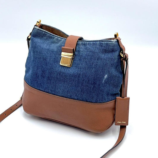 MIU MIU Shoulder Bag Purse Logo Denim Leather Indigo Blue Brown Authentic