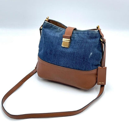 MIU MIU Shoulder Bag Purse Logo Denim Leather Indigo Blue Brown Authentic