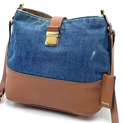 MIU MIU Shoulder Bag Purse Logo Denim Leather Indigo Blue Brown Authentic