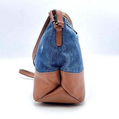 MIU MIU Shoulder Bag Purse Logo Denim Leather Indigo Blue Brown Authentic