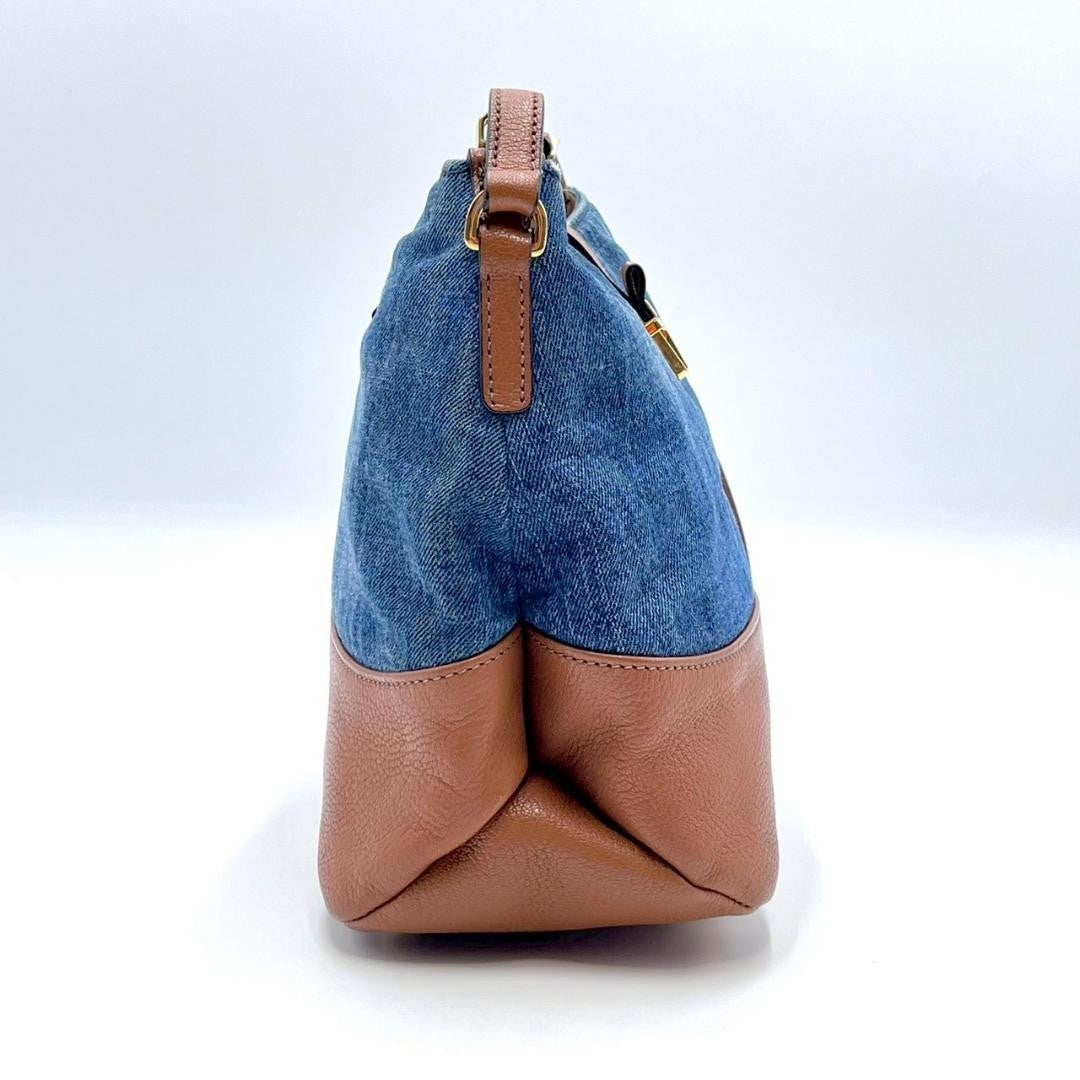 MIU MIU Shoulder Bag Purse Logo Denim Leather Indigo Blue Brown Authentic