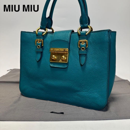 MIU MIU Hand Bag Tote Purse Logo Leather Green Blue Authentic