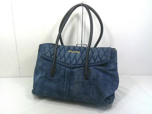 MIU MIU Hand Bag Tote Purse Logo MATELASSE Denim Authentic