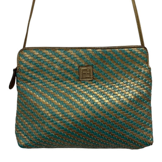 FENDI Shoulder Bag Purse FF Leather Green Gold Authentic