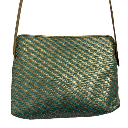 FENDI Shoulder Bag Purse FF Leather Green Gold Authentic