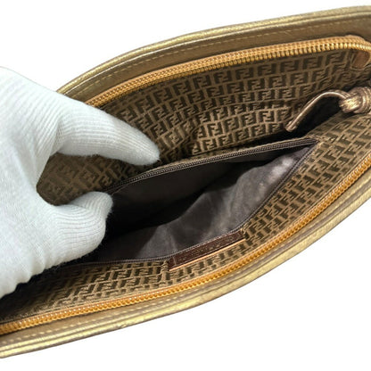 FENDI Shoulder Bag Purse FF Leather Green Gold Authentic