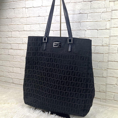 FENDI Hand Bag Tote Purse FF Zucchino Canvas Cotton Black Authentic