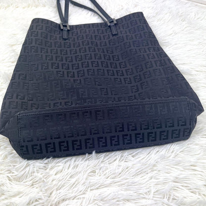 FENDI Hand Bag Tote Purse FF Zucchino Canvas Cotton Black Authentic