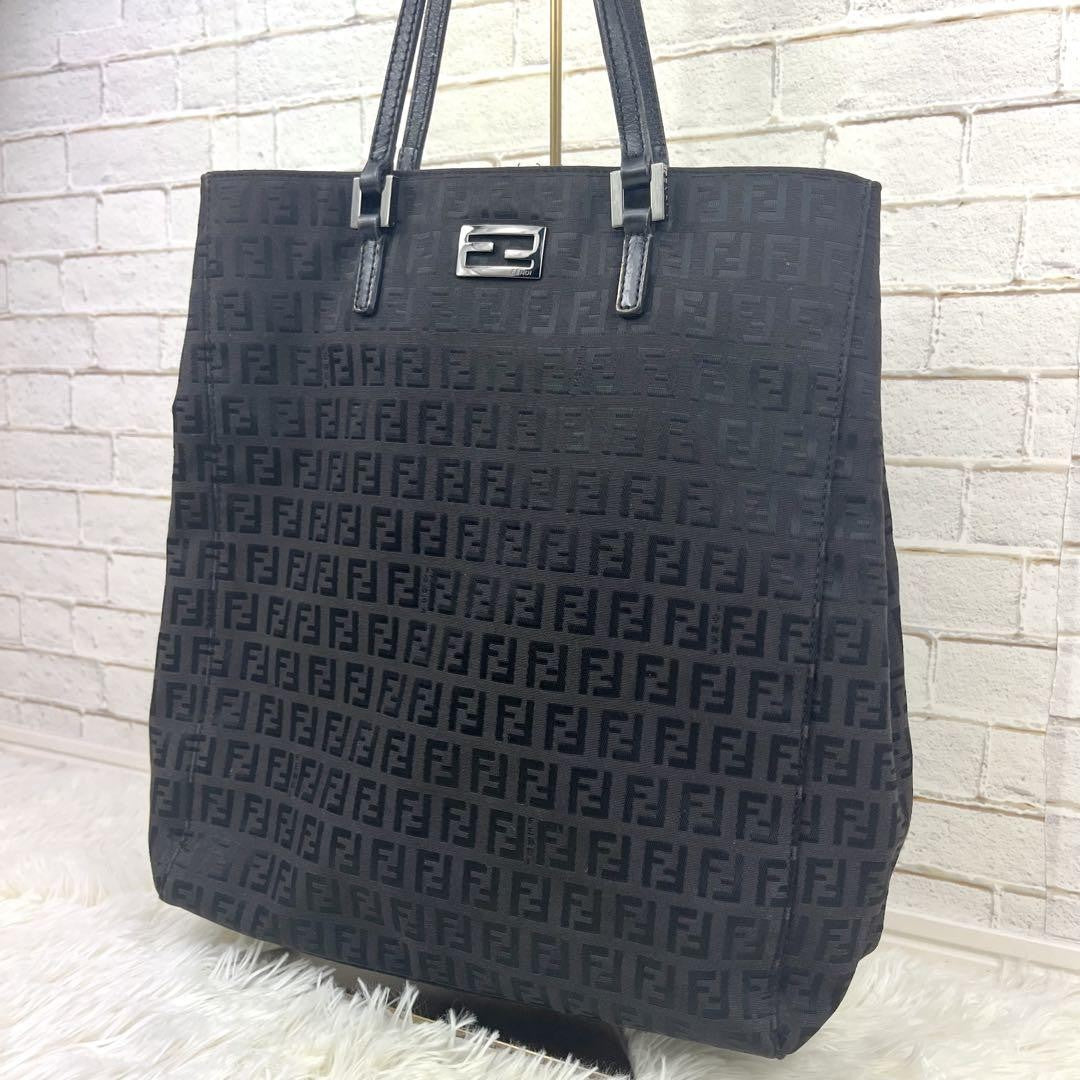 FENDI Hand Bag Tote Purse FF Zucchino Canvas Cotton Black Authentic