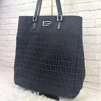 FENDI Hand Bag Tote Purse FF Zucchino Canvas Cotton Black Authentic