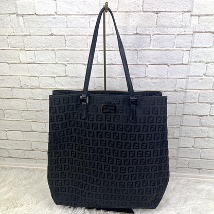 FENDI Hand Bag Tote Purse FF Zucchino Canvas Cotton Black Authentic