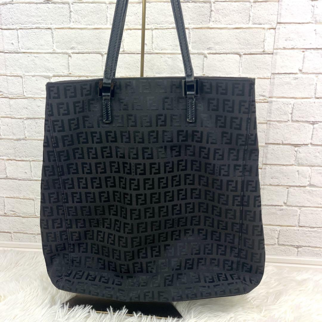 FENDI Hand Bag Tote Purse FF Zucchino Canvas Cotton Black Authentic