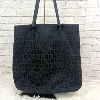 FENDI Hand Bag Tote Purse FF Zucchino Canvas Cotton Black Authentic