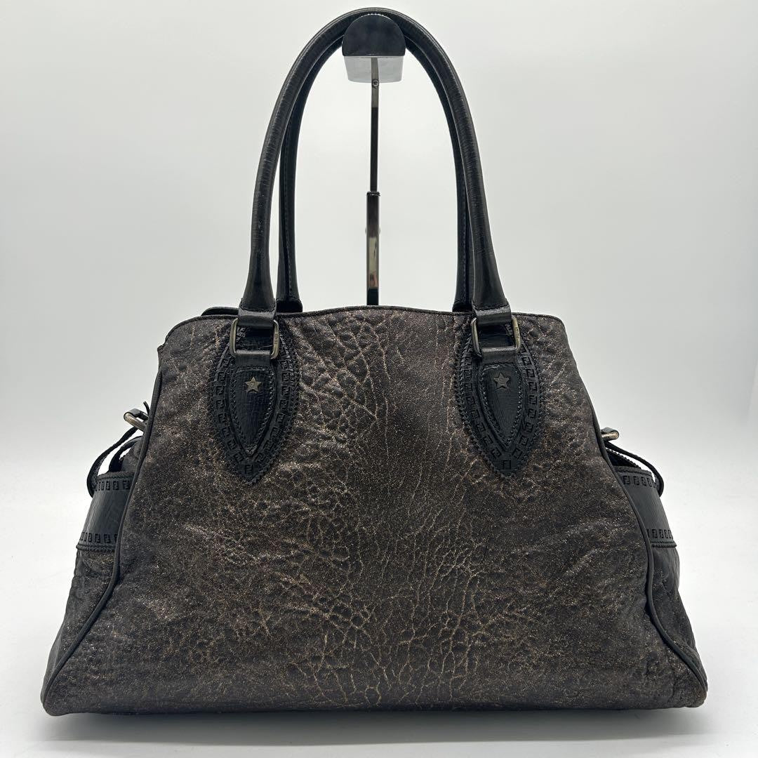 FENDI Hand Bag Tote Purse FF Leather Khaki Authentic