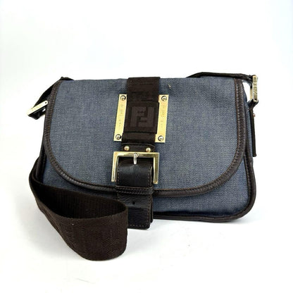 FENDI Shoulder Bag Purse FF Zucca Denim Leather Indigo Blue Dark Brown Authentic