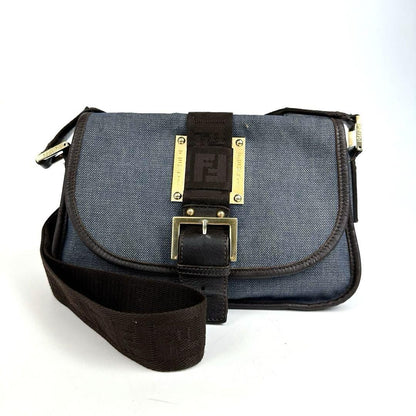 FENDI Shoulder Bag Purse FF Zucca Denim Leather Indigo Blue Dark Brown Authentic