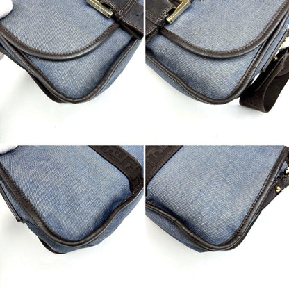 FENDI Shoulder Bag Purse FF Zucca Denim Leather Indigo Blue Dark Brown Authentic