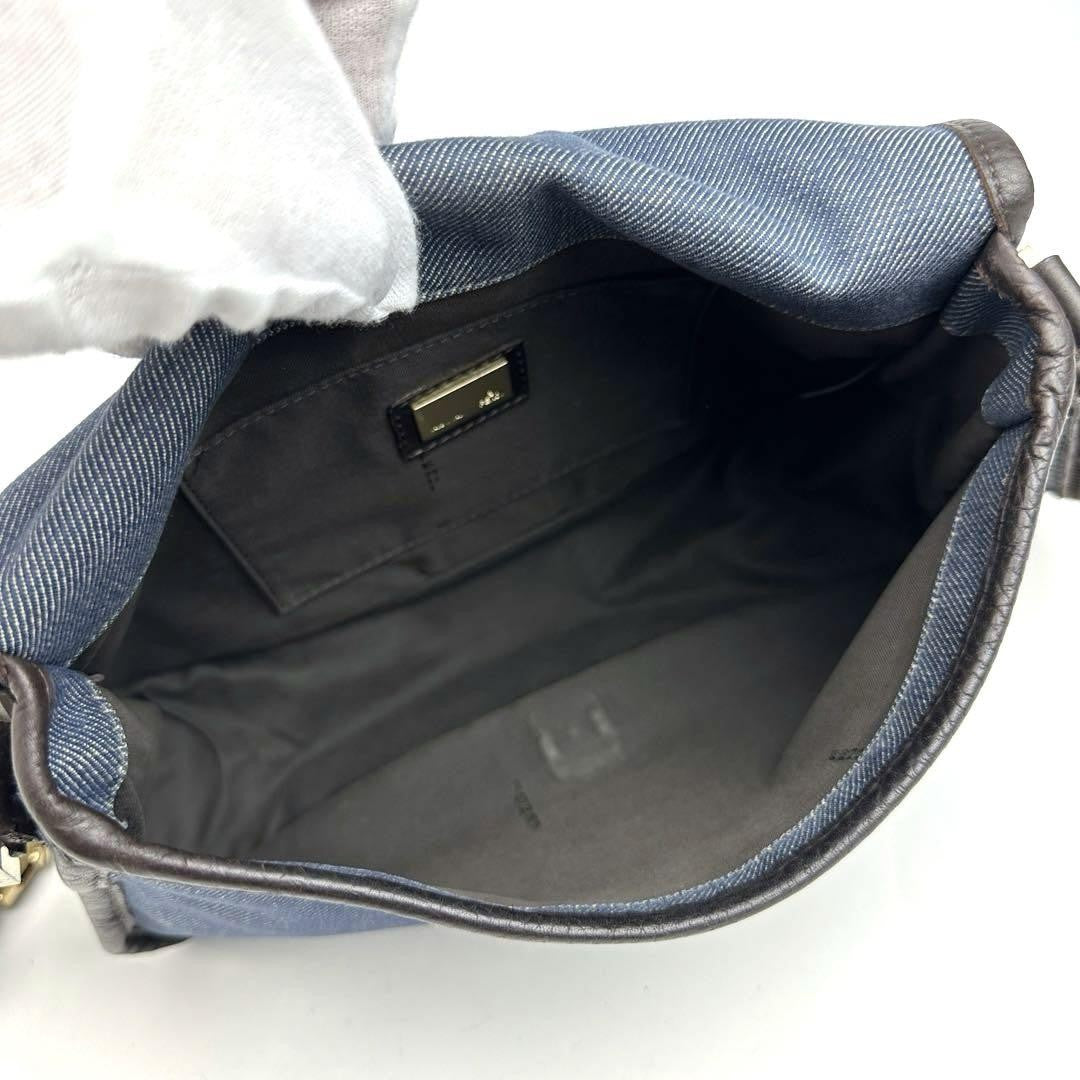 FENDI Shoulder Bag Purse FF Zucca Denim Leather Indigo Blue Dark Brown Authentic