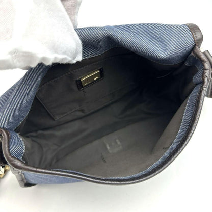FENDI Shoulder Bag Purse FF Zucca Denim Leather Indigo Blue Dark Brown Authentic