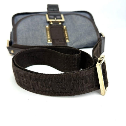 FENDI Shoulder Bag Purse FF Zucca Denim Leather Indigo Blue Dark Brown Authentic