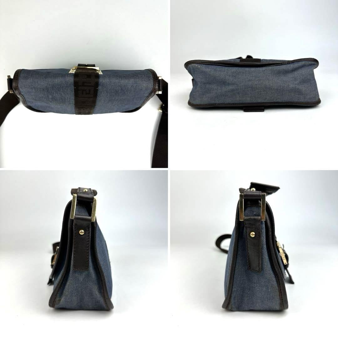 FENDI Shoulder Bag Purse FF Zucca Denim Leather Indigo Blue Dark Brown Authentic