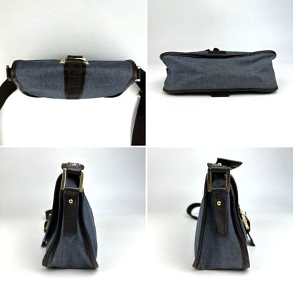FENDI Shoulder Bag Purse FF Zucca Denim Leather Indigo Blue Dark Brown Authentic