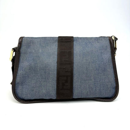 FENDI Shoulder Bag Purse FF Zucca Denim Leather Indigo Blue Dark Brown Authentic