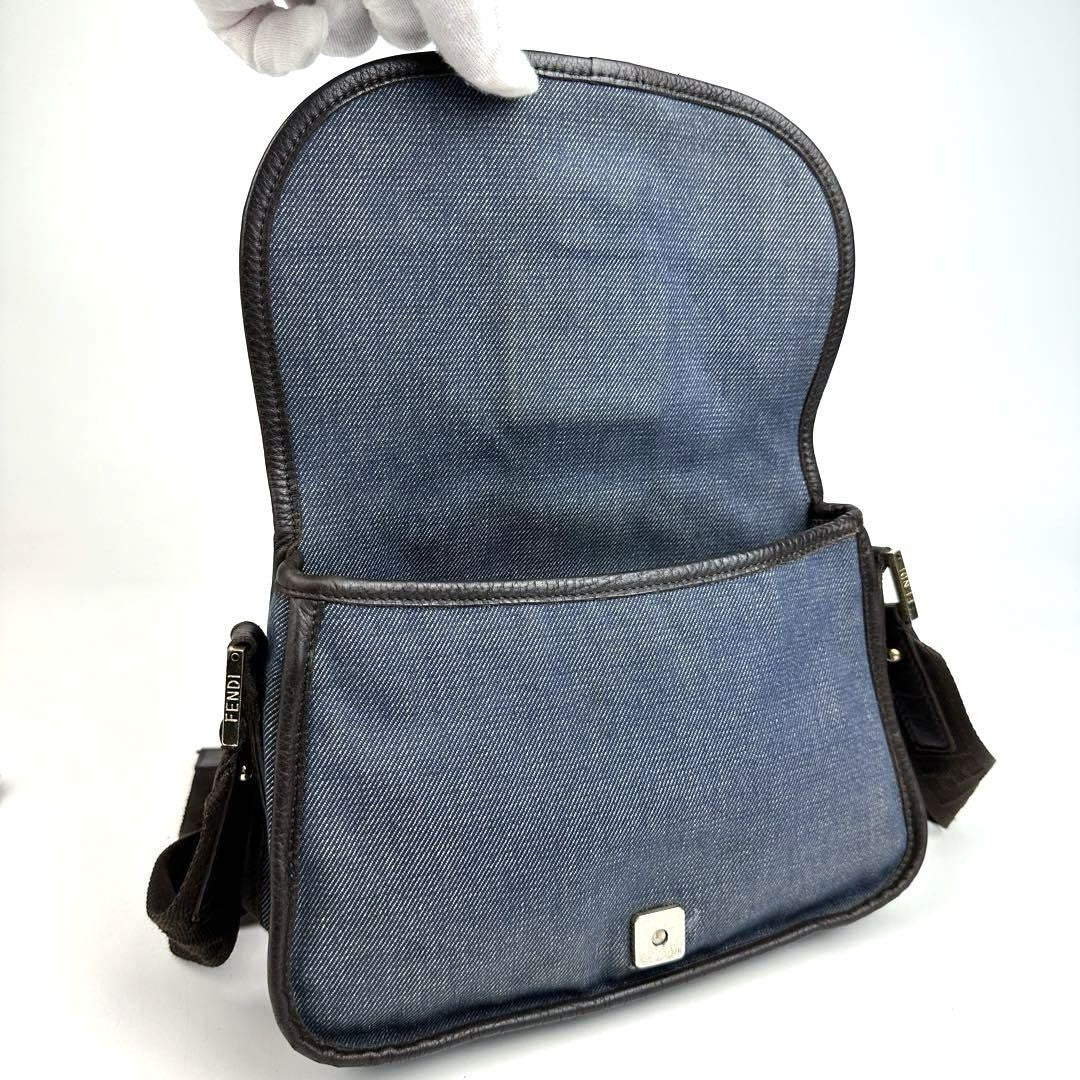 FENDI Shoulder Bag Purse FF Zucca Denim Leather Indigo Blue Dark Brown Authentic