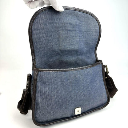 FENDI Shoulder Bag Purse FF Zucca Denim Leather Indigo Blue Dark Brown Authentic