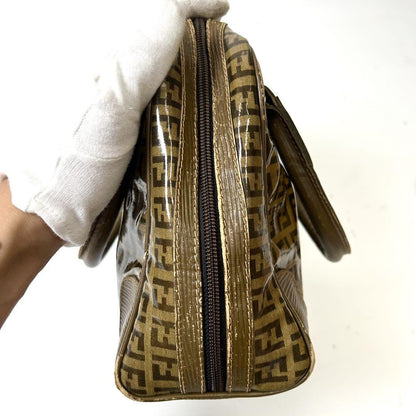 FENDI Hand Bag Tote Purse FF Zucchino Patent Leather Brown Authentic