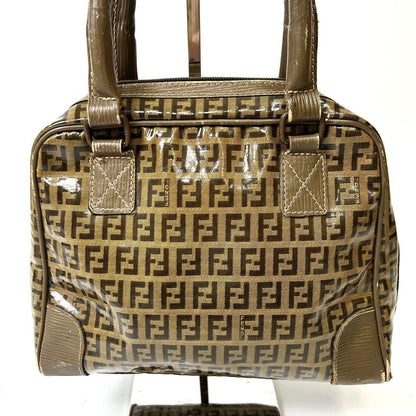 FENDI Hand Bag Tote Purse FF Zucchino Patent Leather Brown Authentic