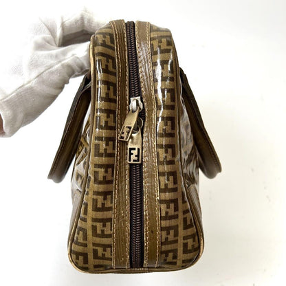 FENDI Hand Bag Tote Purse FF Zucchino Patent Leather Brown Authentic