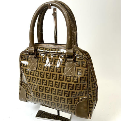 FENDI Hand Bag Tote Purse FF Zucchino Patent Leather Brown Authentic