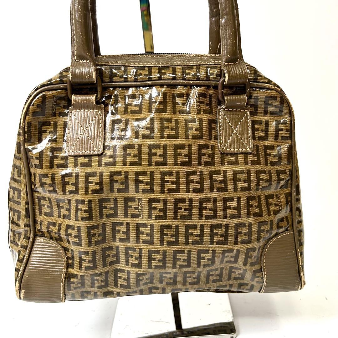 FENDI Hand Bag Tote Purse FF Zucchino Patent Leather Brown Authentic