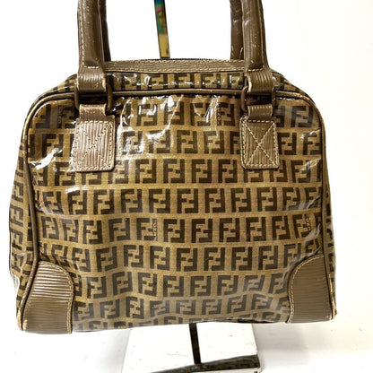 FENDI Hand Bag Tote Purse FF Zucchino Patent Leather Brown Authentic