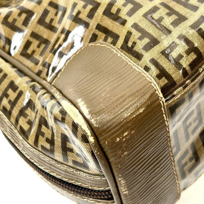 FENDI Hand Bag Tote Purse FF Zucchino Patent Leather Brown Authentic