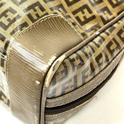 FENDI Hand Bag Tote Purse FF Zucchino Patent Leather Brown Authentic