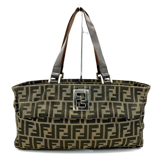 FENDI Hand Bag Tote Purse FF Zucca Nylon Leather Brown Authentic