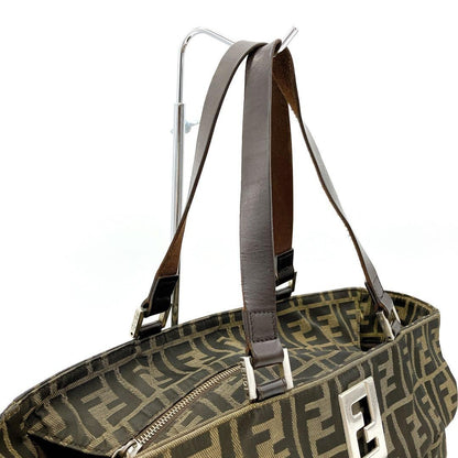 FENDI Hand Bag Tote Purse FF Zucca Nylon Leather Brown Authentic