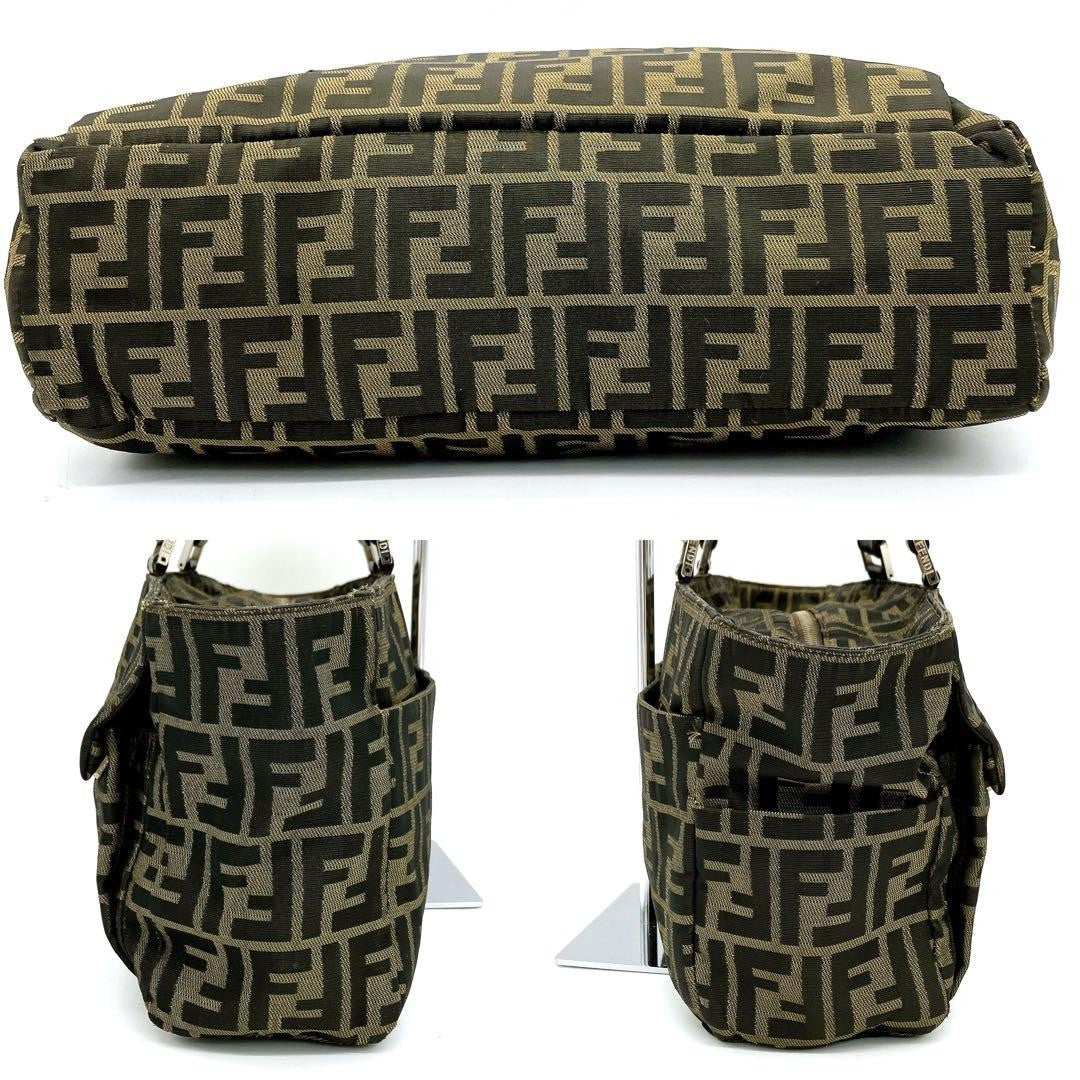 FENDI Hand Bag Tote Purse FF Zucca Nylon Leather Brown Authentic