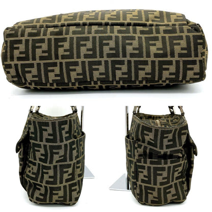 FENDI Hand Bag Tote Purse FF Zucca Nylon Leather Brown Authentic