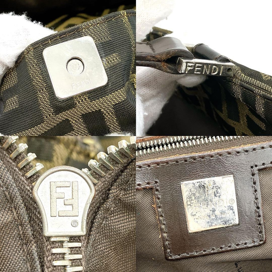 FENDI Hand Bag Tote Purse FF Zucca Nylon Leather Brown Authentic