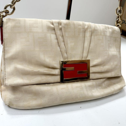 FENDI Shoulder Bag Purse FF Zucca Baguette Canvas Beige Off White Authentic