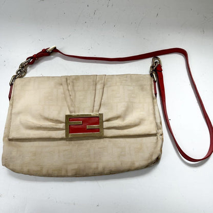 FENDI Shoulder Bag Purse FF Zucca Baguette Canvas Beige Off White Authentic