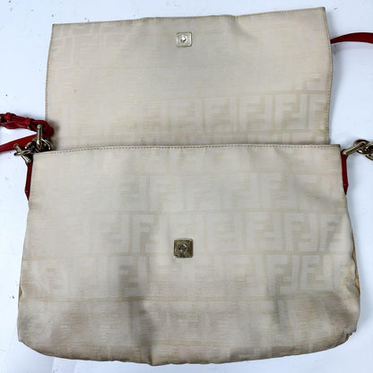 FENDI Shoulder Bag Purse FF Zucca Baguette Canvas Beige Off White Authentic