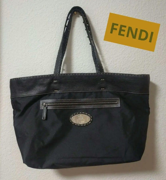 FENDI Borsa Hand Shoulder Bag Tote Purse Selleria Nylon Leather Black Authentic